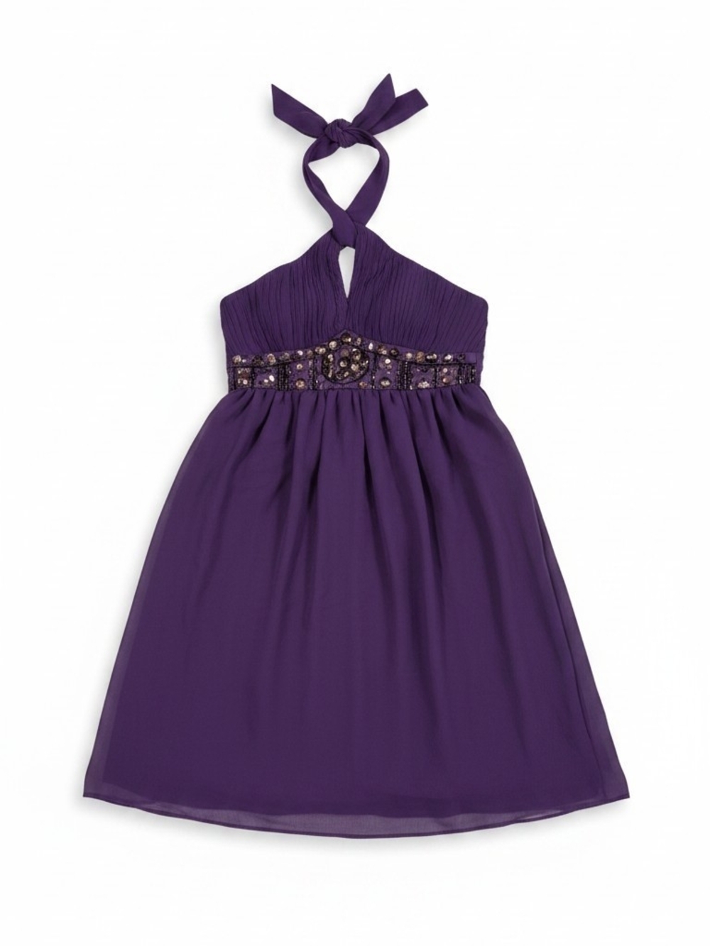 Katia Purple Chiffon Beaded Halter Mini Dress, Size Medium, NEW WITH TAGS